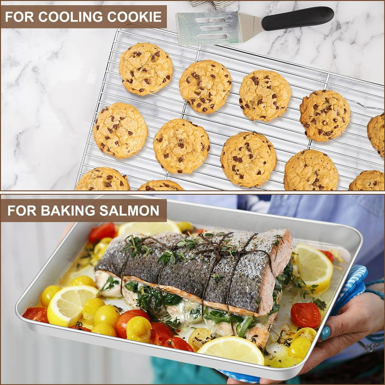 Walchoice Baking Sheet with Rack Set (2 Pans + 2 Racks), Stainless Steel  Large Cookie Sheet with Wire Cooling Racks for Baking Cooking Roasting,  Dishwasher Safe - 16” x12” 