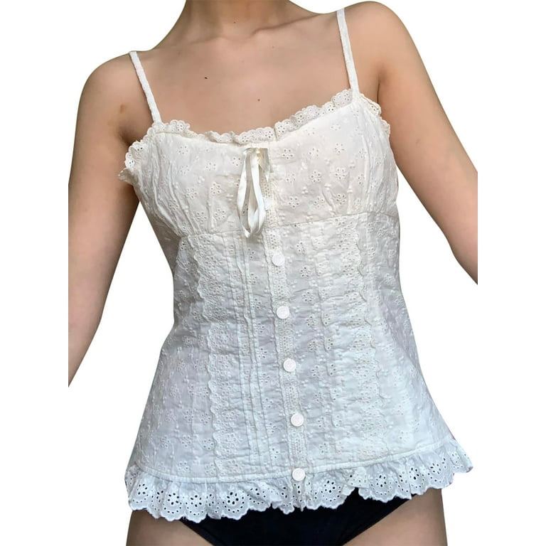 Kawaii White Corset Top 2000s T-Shirts Lace Trim Vintage