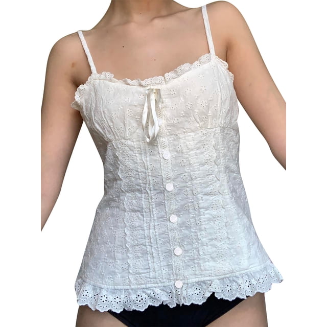 Camisola de encaje elegante sin mangas para mujer Camiseta de tirantes dulce hada Streetwear