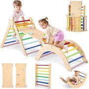 7 in 1 Wood Pikler Triangle Set, Foldable Toddler Climbing Toys Indoor, Montessori Climbing Set with Ramp, Arch & Climbing Triangle, Baby Climbing Gym, Indoor Playground for Kids - Rainbow