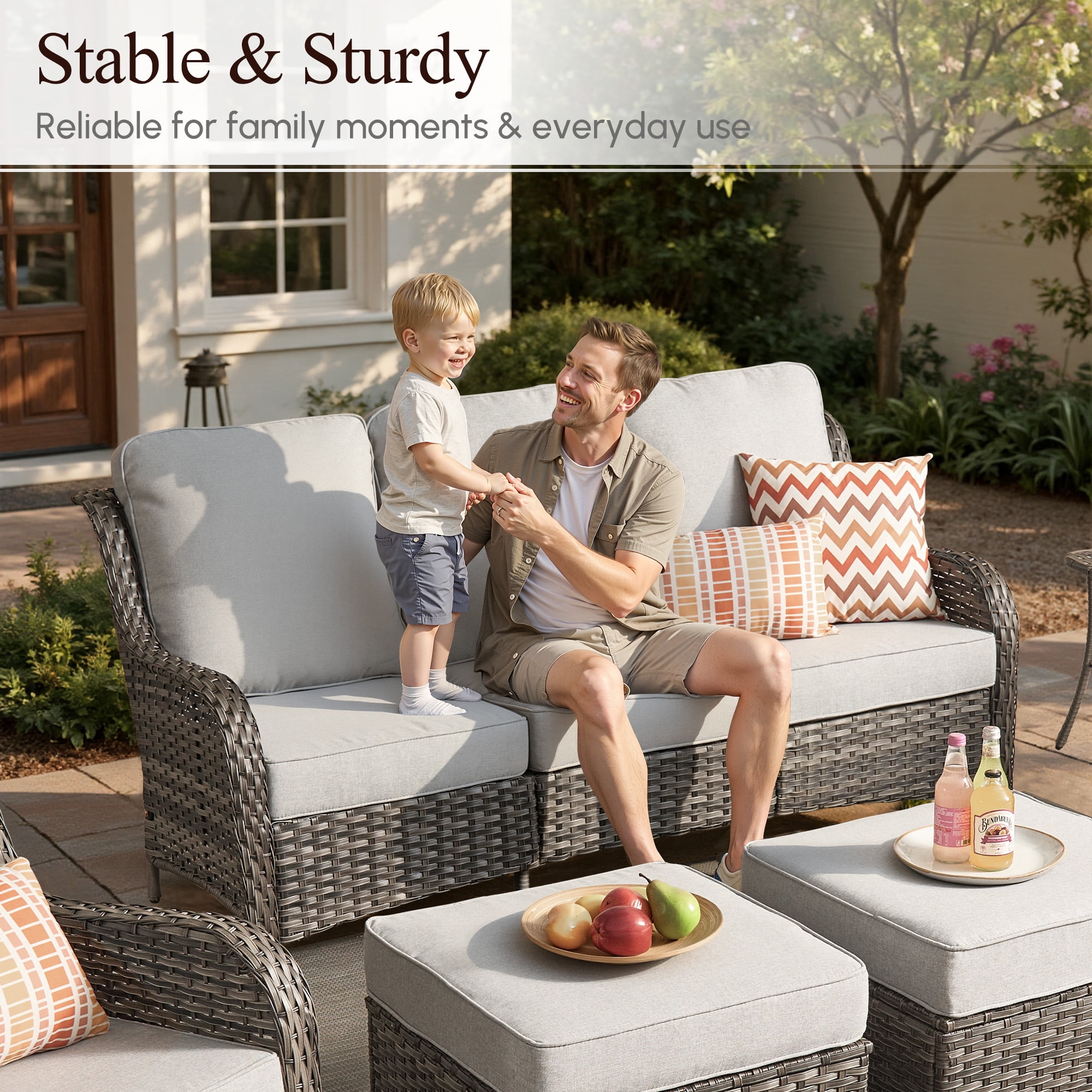 Vcatnet Outdoor Patio Furniture with Fire Pit 7 Pieces Sectioal Sofa All Weather Wicker High-Back Conversation Set with Swivel Glider Rockers, Gray