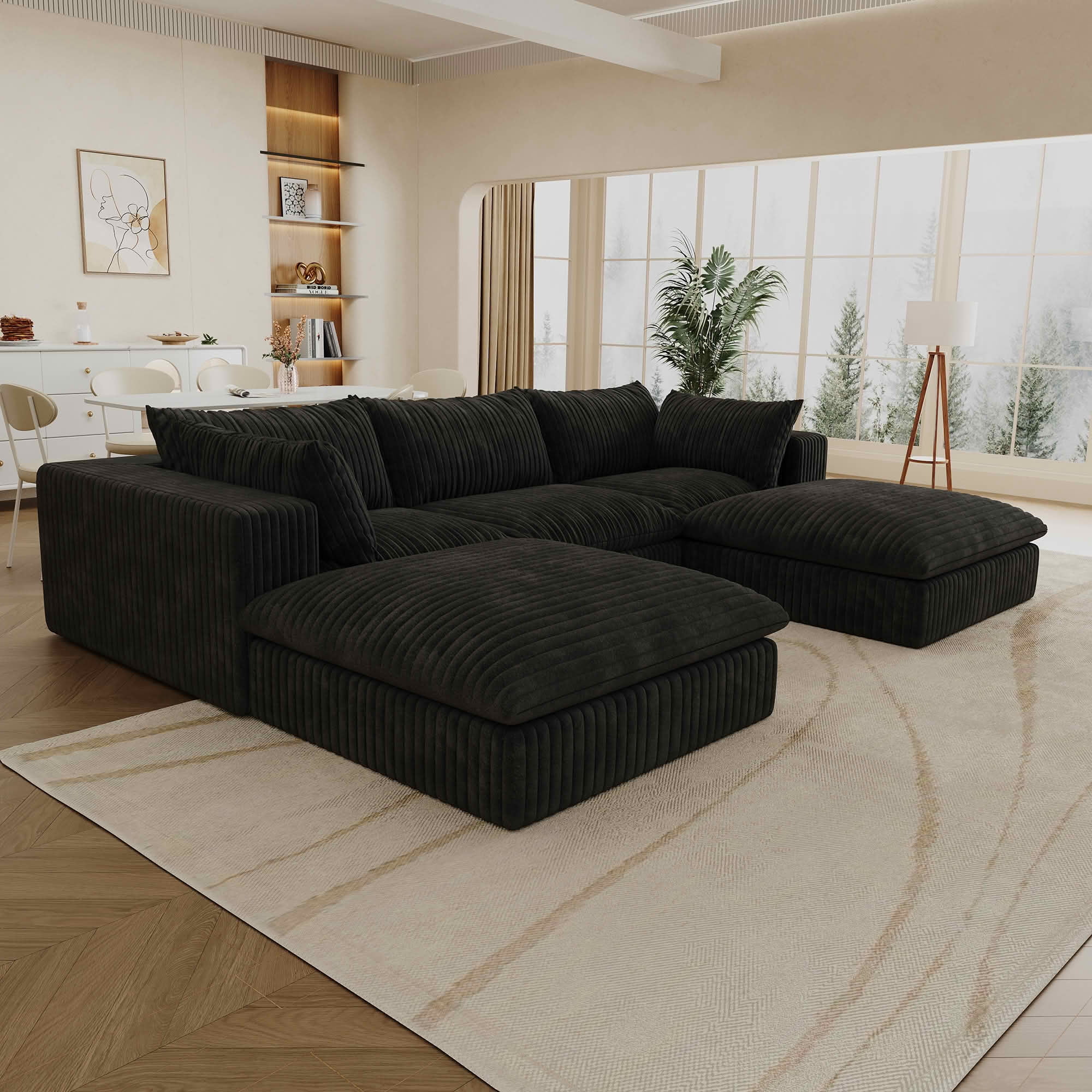 MAYEERTY 118.2" Cloud Corduroy Sofa, Deep Seat Double-Layer Design, Removable Cushion No Assembly, DIY Combination, Black