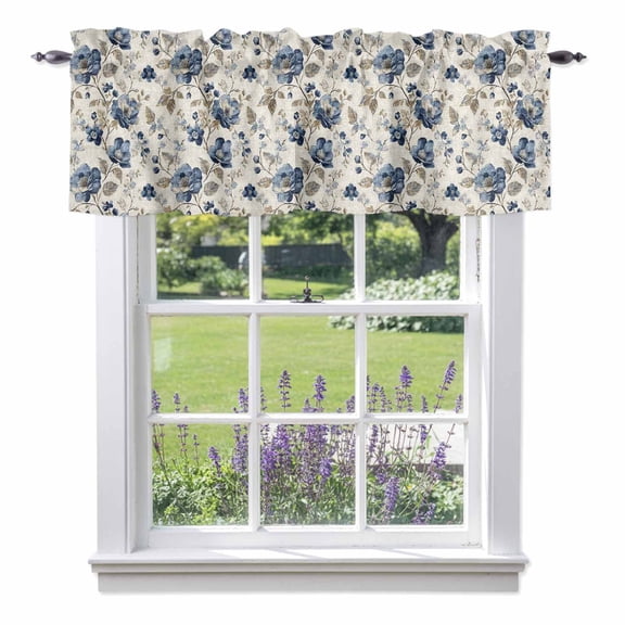 Blue Gray Spring Floral Valances for Windows, Vintage Botanical Leaf Farmhouse Valance Window Treatment Rod Pocket Short Curtains Valances for Kitchen Bathroom 54"W x 18"L