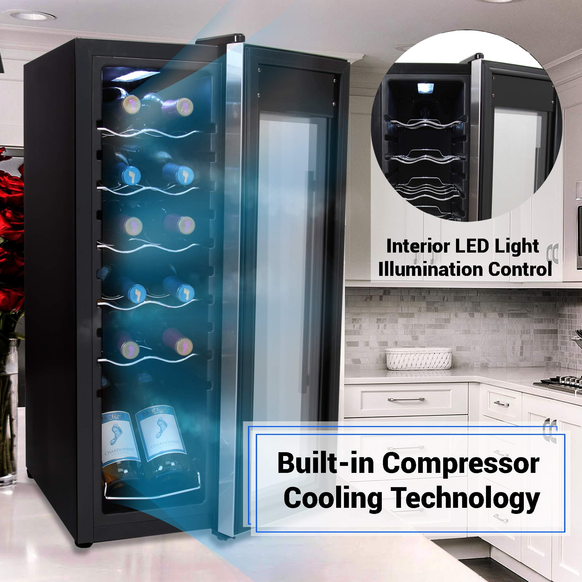 NutriChef PKCWC12 12 Bottle Cooler Refrigerator White and Red Countertop Chiller W/ Digital Control