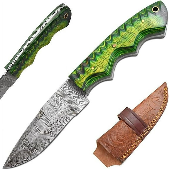 Old Ram Damascus Skinner Knife with Leather Sheath - 9" Twisted Green Wood Hunting Knife
