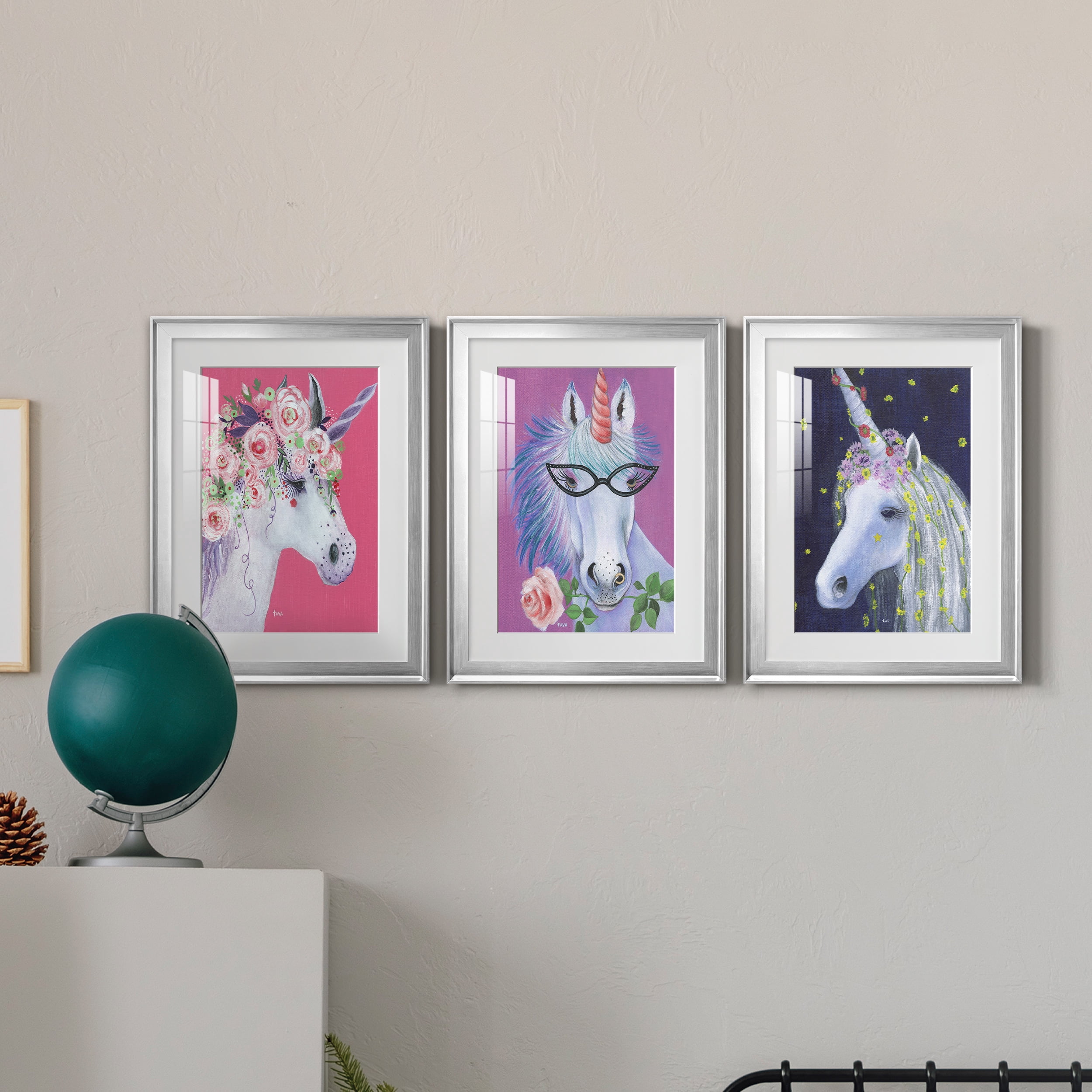 Unicorn II Premium Framed Prints Set of 3 - Ready to Hang - 18 x 24 Each - Silver Frame
