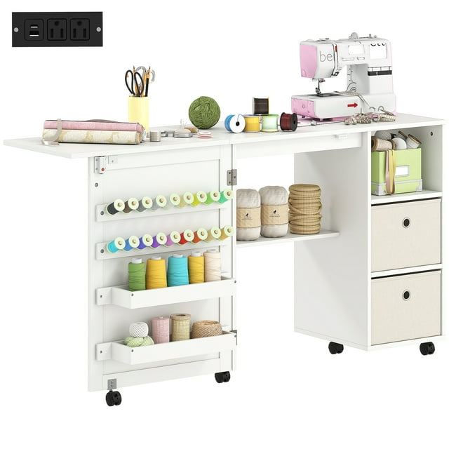 HOMCOM Folding Sewing Table with Power Outlet, Rolling Craft Table, White