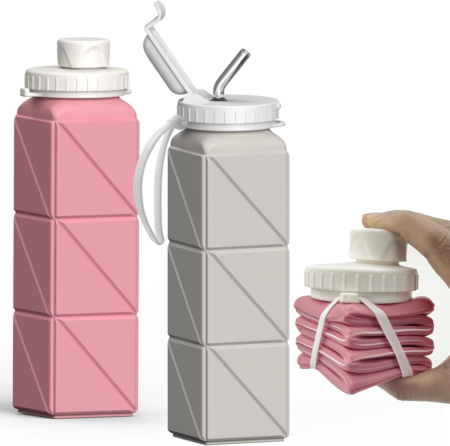 WarmH Collapsible Water Bottles 2 Pack, Silicone Foldable Portable Travel Water Bottle 20.6oz, Folding Lightweight Reusable Leakproof for Traveling Camping Hiking Cycling Yoga Sports Outdoor