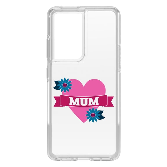 DistinctInk Clear Shockproof Hybrid Case for Galaxy S21 ULTRA 5G (6.8" Screen) - TPU Bumper Acrylic Back Tempered Glass Screen Protector - Love Mum - Flower Heart Banner