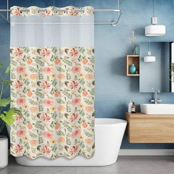 No Hook Shower Curtain with Snap in Liner, Watercolor Spring Blossom Floral Waterproof Bath Curtain Double Layers with See Through Top Window, Botanical Leaves on Flax Hotel Shower Curtains 36x72in