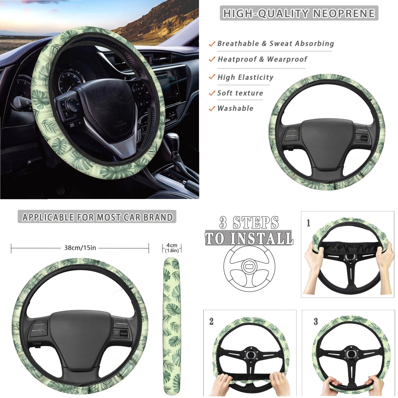 Jeiento Green Leaves 14 PCS Car Seat Cover Full Set with Auto Steering Wheel Cover Seat Belt Strap Pads Cup Coasters Trash Bag Rearview Mirror Cover Armrest Cover Pad Handbrake Cover Set Accessory