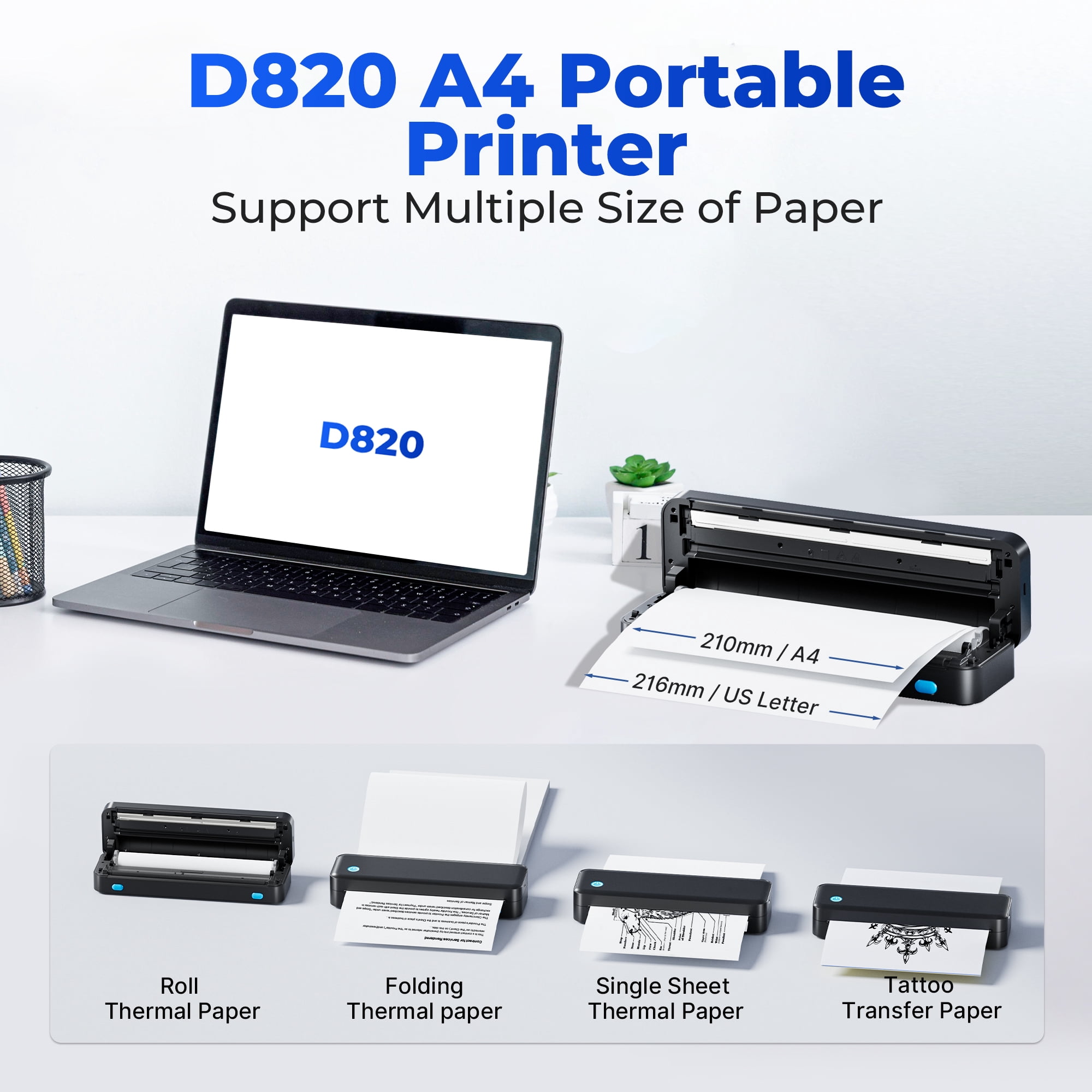 CHIVALZ Portable Printers for Travel, Support & 8.5"x11" US Letter Size, for Home Use Suitable for Phone & PC