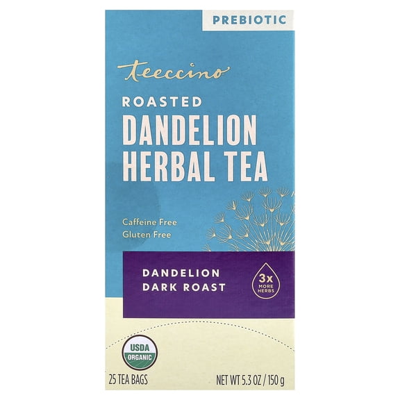 Teeccino Dandelion Herbal Tea - Dark Roast - Caffeine Free, Prebiotic, Gluten Free, 3x More Herbs - 25 Tea Bags