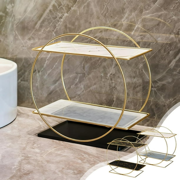 Estante organizador de baño de doble nivel de hierro forjado | Almacenamiento de cosméticos y artículos de aseo de gran capacidad, resistente al óxido impermeable, blanco o negro, estantería de