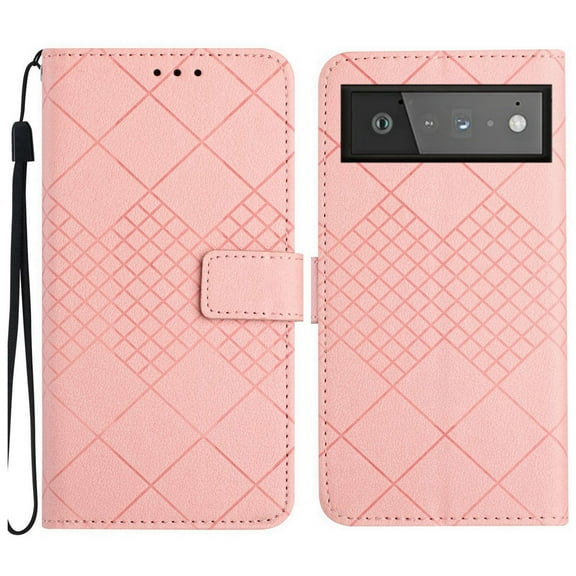 Dteck for Google Pixel 6 Magnetic Case, Premium PU Leather Folio Flip Wallet Case with Card Holder Cash Slot Lanyard Strap Kickstand Function Embossed Pattern Slim Shockproof Cover, pink