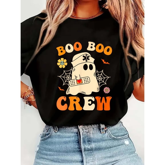 Boo Boo Crew Nurse Shirt Funny Ghost Retro Halloween NurseCrew Neck Graphic Tee Cotton Women T-Shirt