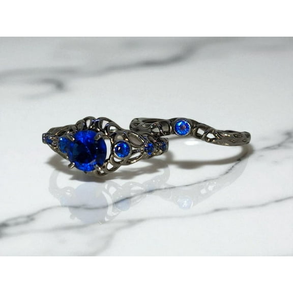 Blue Sapphire ring engagement ring, promise ring, black gothic, anniversary gift, antique gemstone ring, gift for her, statement ring Size 5.5