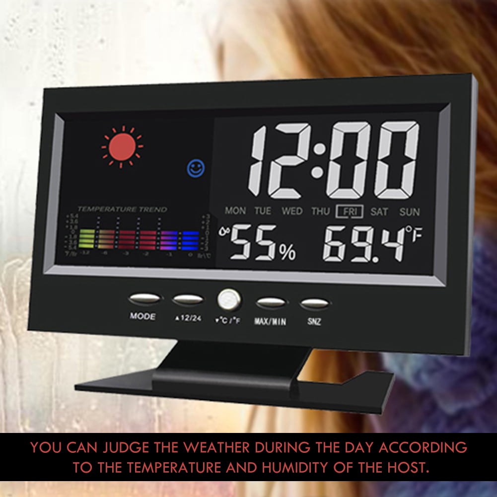 Voice Control Backlight Thermometer Hygrometer Digital LCD Indoor Clock 