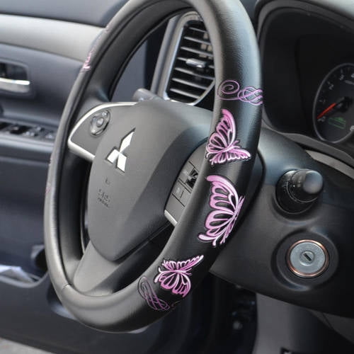 BDK Pink Butterfly Pattern Car Steering Wheel Cover 14.5