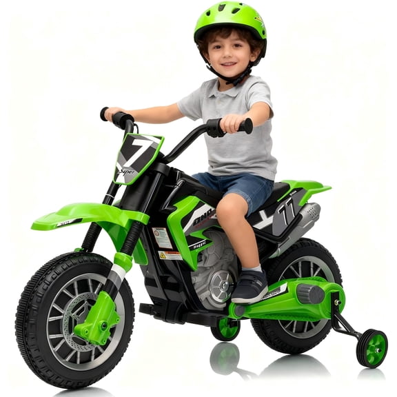 TULILLO 12V Kids Ride On Motorcycle Dirt Bike with High/Low Speeds,Training Wheels, Spring Suspension, Green