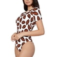 thumbnail image 2 of KLL Women 's Crew Neck Bodysuit Jumpsuits Coffee Rugby Print Short onesies Stretch T Shirts, 2 of 7