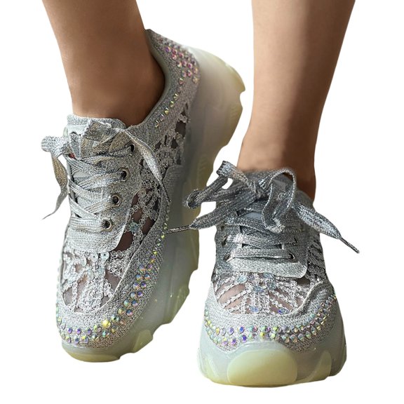 Mostsola Sneakers for Women Glitter Mesh Platform Walking Shoes Lace up Non-Slip Tennis Shoes