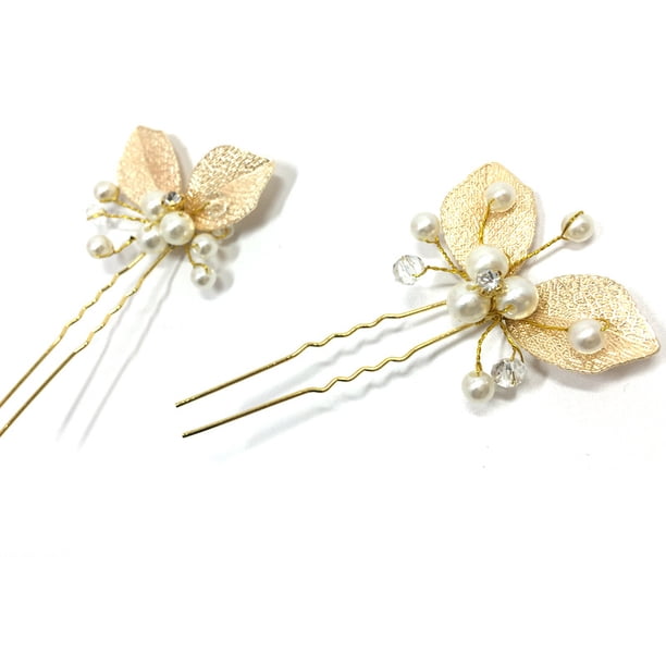 4 piezas de accesorios para el cabello de boda, pinzas para el cabello de perlas de novia de pétalos de cristal en U, joyería para el cabello de boda para mujeres y niñas (dorado + plateado)