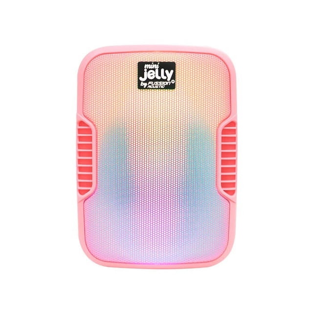 bocina bt fussion 3' mini jelly rosa bocina Bluetooth portátil rosa con rejilla frontal perforada y luces LED multicolor, asas laterales integradas y etiqueta "mini jelly by Fussion" en la parte superior; batería recargable hasta 5 horas, vista frontal centrada; también adecuada para acompañar reuniones pequeñas o uso en viajes cortos.