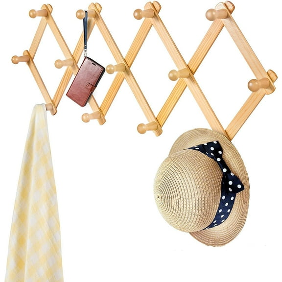 Trianu Wall Expandable Coat Rack, Accordion Style Hat Rack Coffee Mug Hanger with 13 Wood Pegs/Hooks Hang for Key Bag Umbrella Necktie Purse