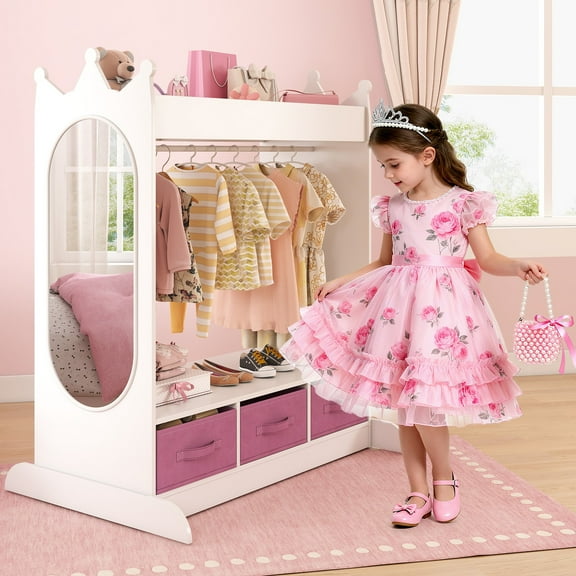 COSVALVE Kids Dress Up Storage Armoire Dresser Pretend Closet Costume Wardrobe with Mirror, Drawers, Top Shelf (White)
