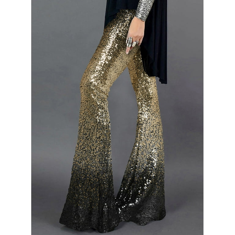Blibea Women's Sequin Flare Pants High Waist Wide Leg Palazzo