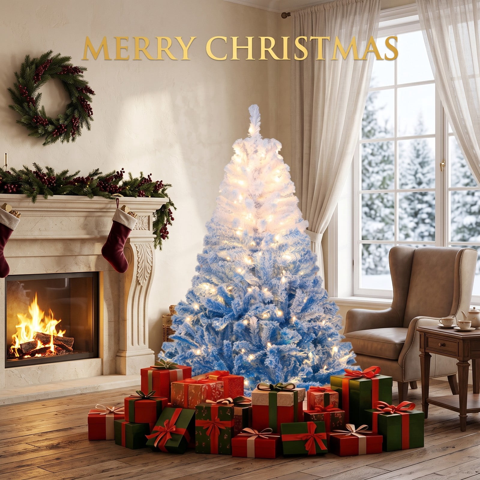 RUIE 5 FT Artificial Christmas Tree with 180 Warm White LED Lights and 8 Modes, Snow Flocked Hinged Prelit Xmas Tree with Foldable Metal Stand, White & Blue