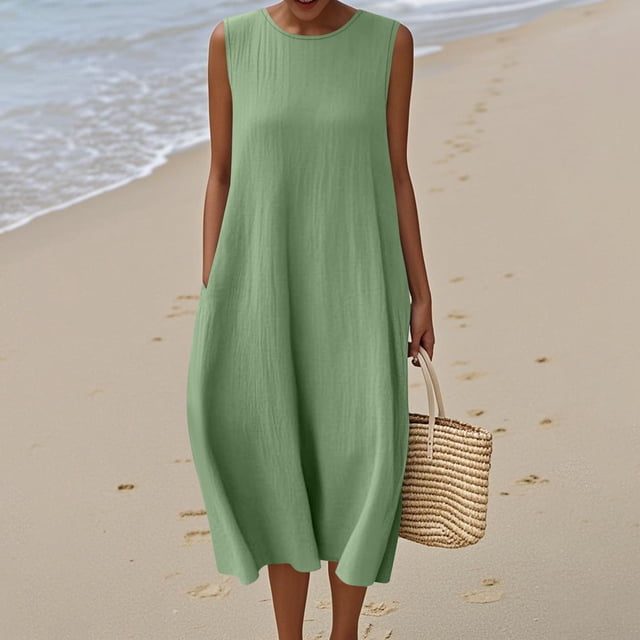 Tidyack , Robe Maxi en Mélange de Coton et Lin, Sans Manches, Col Rond, Poches, Style Enveloppant, Tenue Décontractée d'Été, Vacances à la Plage, Tissu Léger, Robe Maxi Fluide, Tenue de Voyage, Robe Chemise en Coton