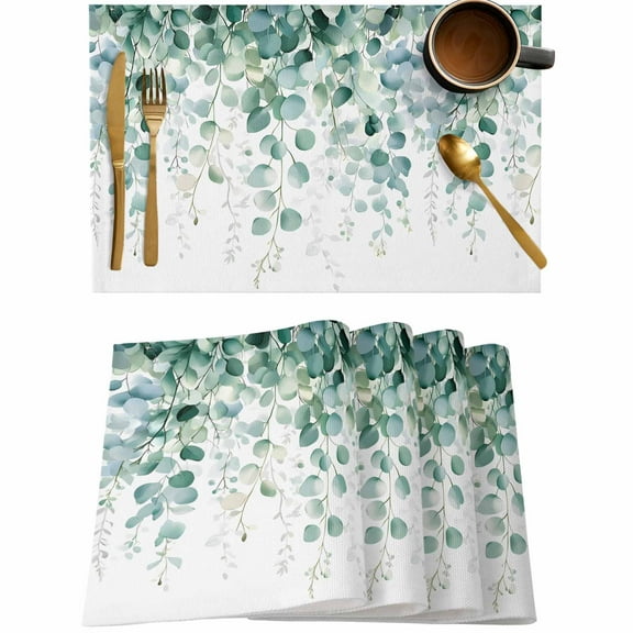 Green Eucalyptus Leaves Watercolor Placemats Set of 4,Wipeable Washable Table Mats for Dining Tables,Summer Plant on White Place Mats for Kitchen Event Party Tabletop Decor