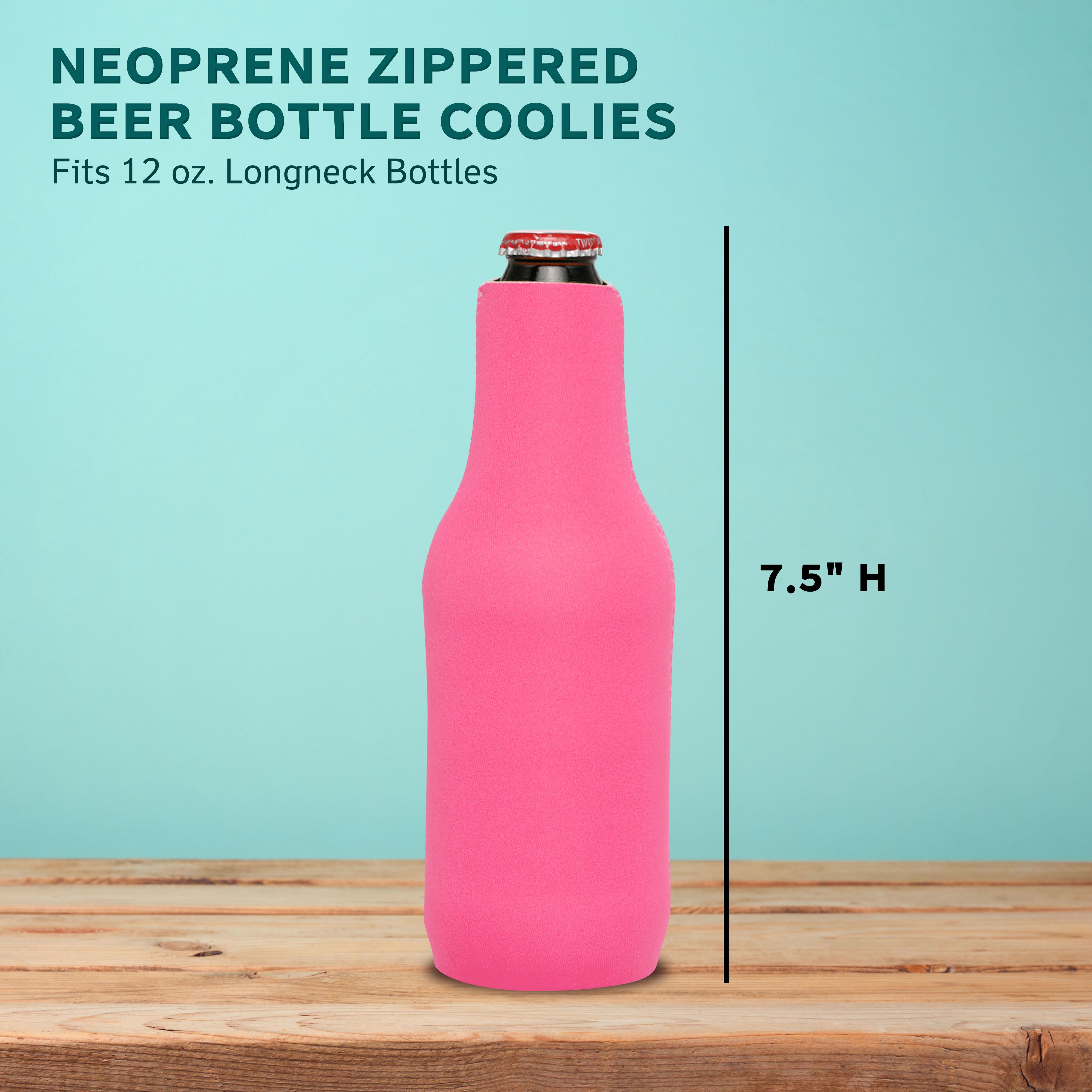 10 Neoprene Zippered Beer Bottle Coolies Pack - Sharkskin Rubber Bottom - Neon Pink
