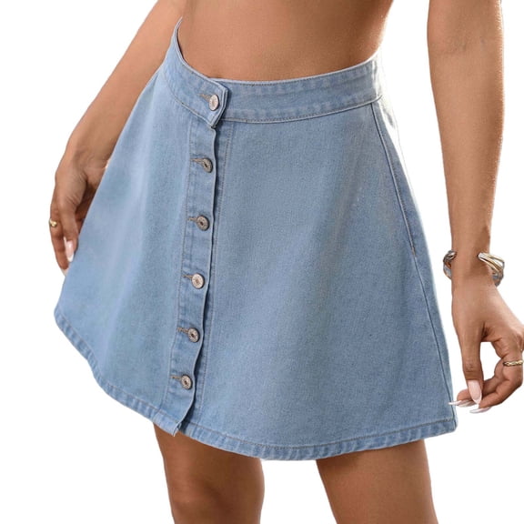 biudgviw Jean Skirt for Women Button Down High Waisted Mini Skirt Classic Fit Casual A-Line Denim Skirt Fashion Clothing