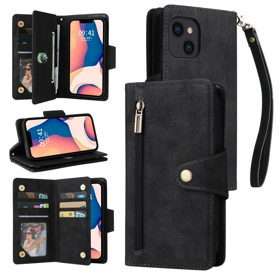 Feishell for iPhone 14 Wallet Case with Wrist Strap,Premium PU Leather Zipper Pocket Magnetic Buckle Folio Flip ID Credit Card Slots Shockproof Kickstand Phone Case for Women Men,Black