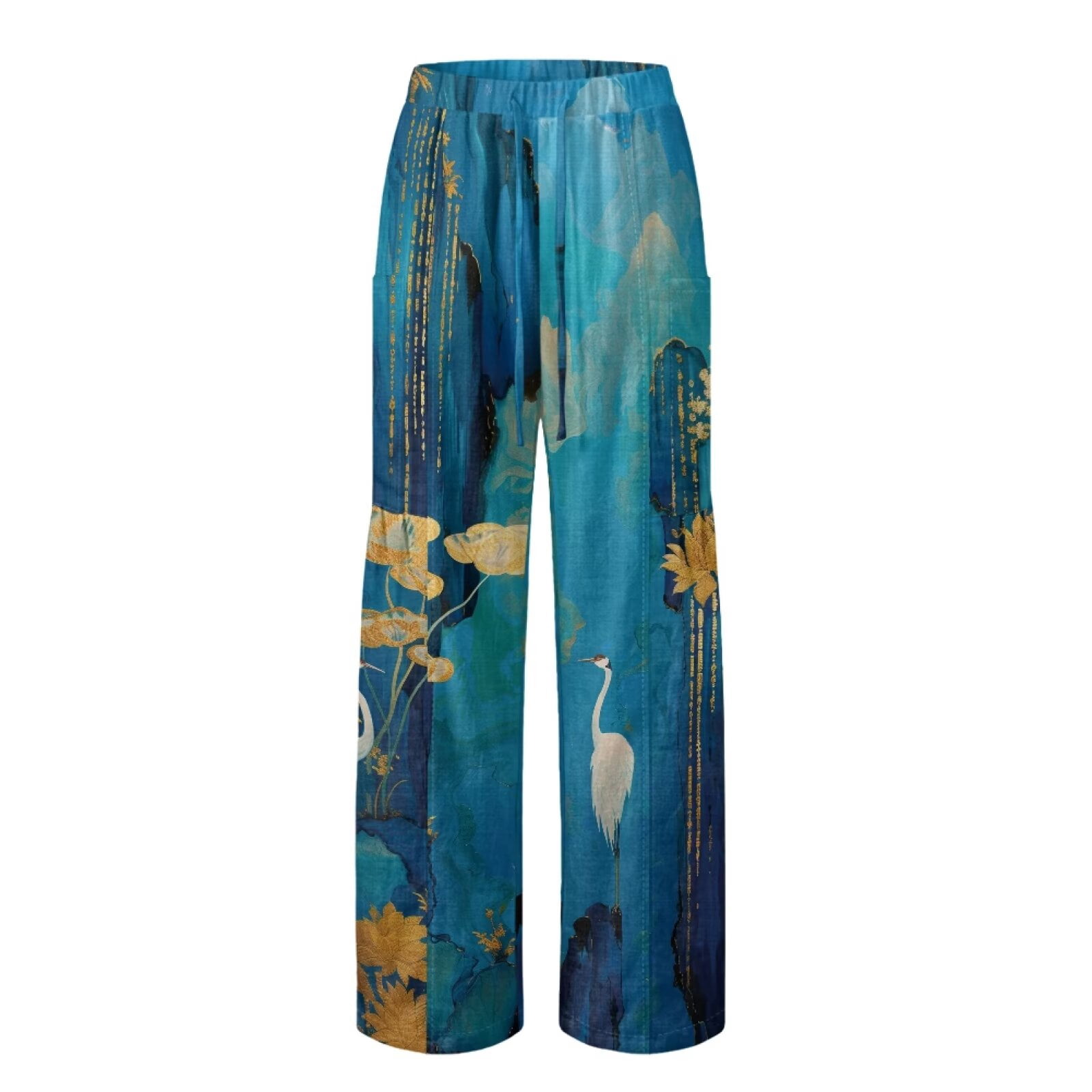 Yuyamidu Chinese Red Crowned Crane Womens Drawstring Straight Leg Pants with Pockets Loose Fit Line Palazzo Pants Petite High Waisted Lounge Trousers Chinese Print Outfits, Size 3XL