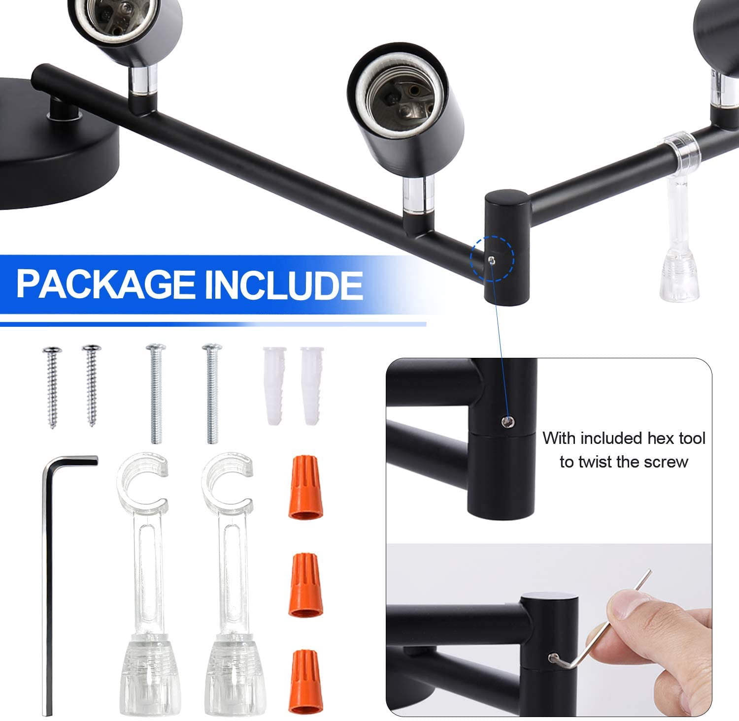 Laboreducer 8 Heads Foldable Track Lighting Kit, Flex Track Ceiling Light, 270deg rotatable DIY Wall Light E26 Socket, Bulbs not Included(Black)