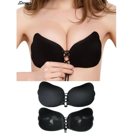 Spencer Women s Strapless Invisible Bra Backless Self Adhesive Push Up Sticky Bra With Drawstring BreathableBlack B Cup