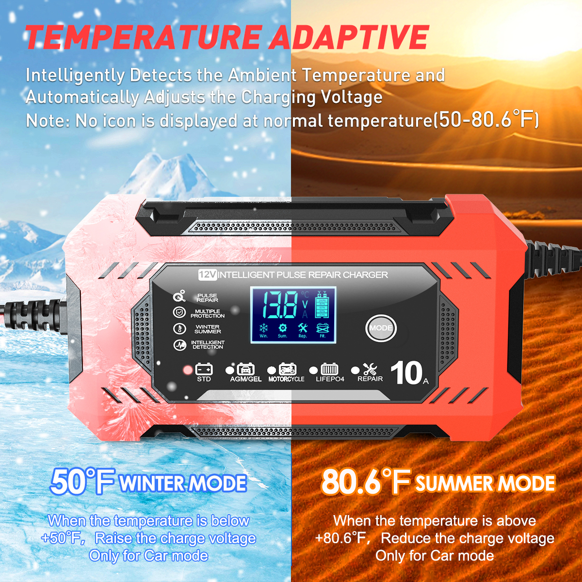 Automatic Battery Charger, 12V/10Amp Battery Maintainer, Smart Car Trickle Charger with Temperature Compensation Auto Stop for Car Truck Motorcycle Lawn Mower Boat Marine Lead Acid Batteries
