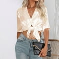 thumbnail image 5 of HAPIMO Women's Trendy Solid Color Silk Pullovers Summer Loose Satin Bandage Tops Relaxed Short Sleeve Tees Casual Workout Shirts Lapel V Neck Blouses for Girls Beige XL, 5 of 8
