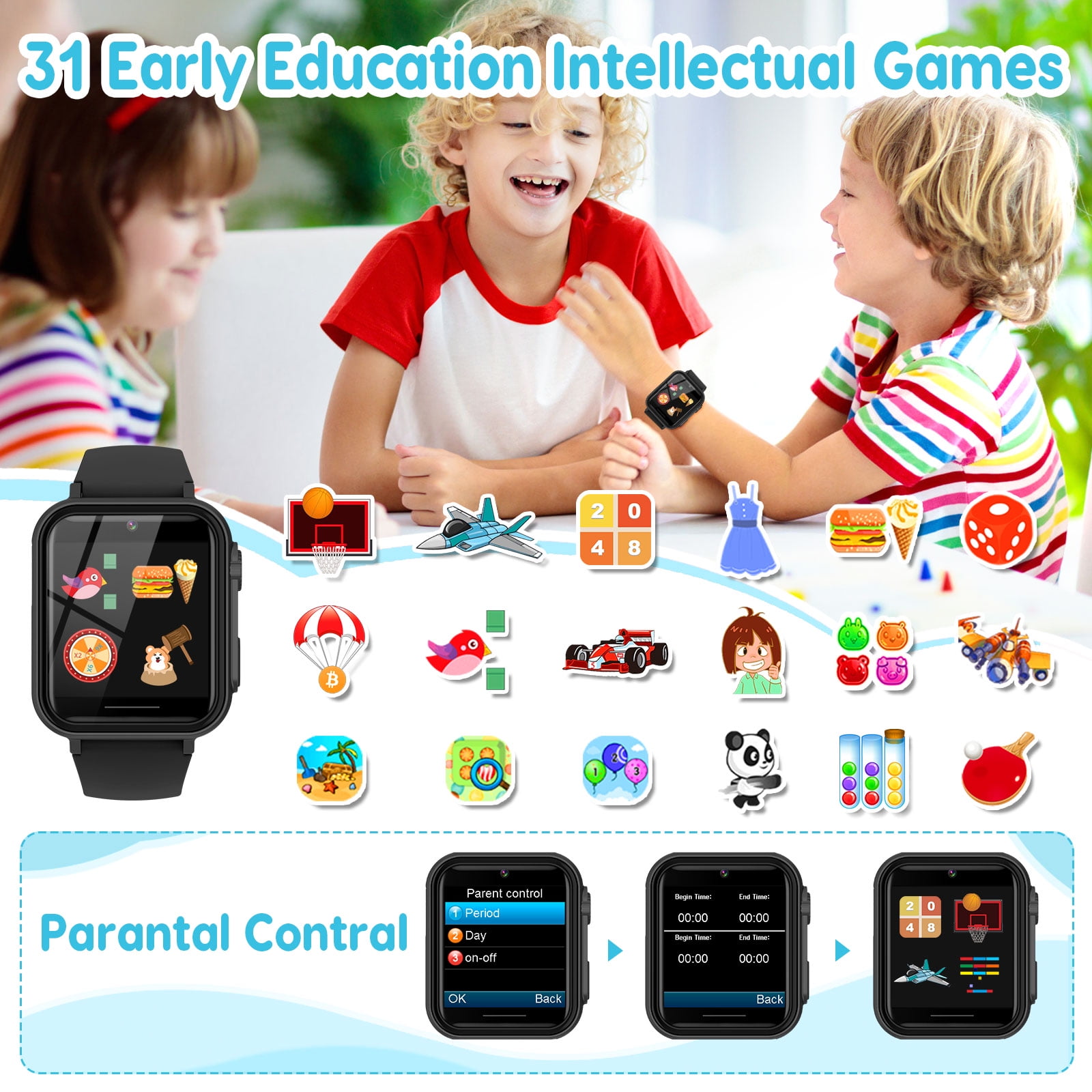 Eurhowing Kids Smart Watch Age 3-12, 31 Games, Learning Cards, HD Touch Screen, Camera, Music, Audiobook, Pedometer, Fun & Educational Birthday Gift Idea, Black