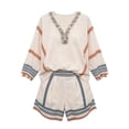 thumbnail image 3 of Linen Short Sets for Women 2 Piece V Neck Summer Vacation Lounge Outfits Boho Beach Matching Sets (Beige L), 3 of 3
