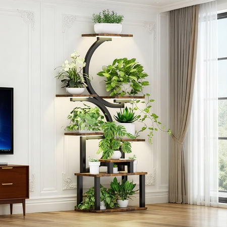 Aukfa 8-Tier Metal Plant Stand with Grow Lights 61.4 Tall Indoor Heavy Duty Plant Shelf for Multiple Plants Full Spectrum LED& Time Rustic Brown