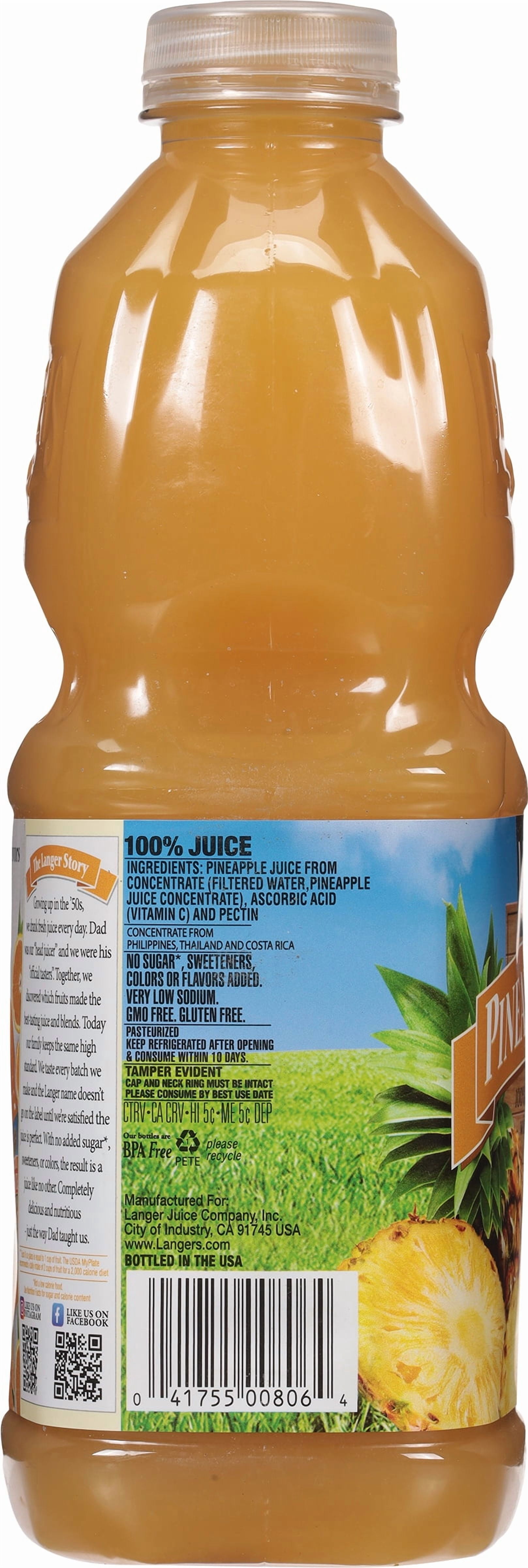 (2 pack) Langers Pineapple Juice 100% Pure, 64 Fl Oz – Natural Sweetness and Refreshing Taste