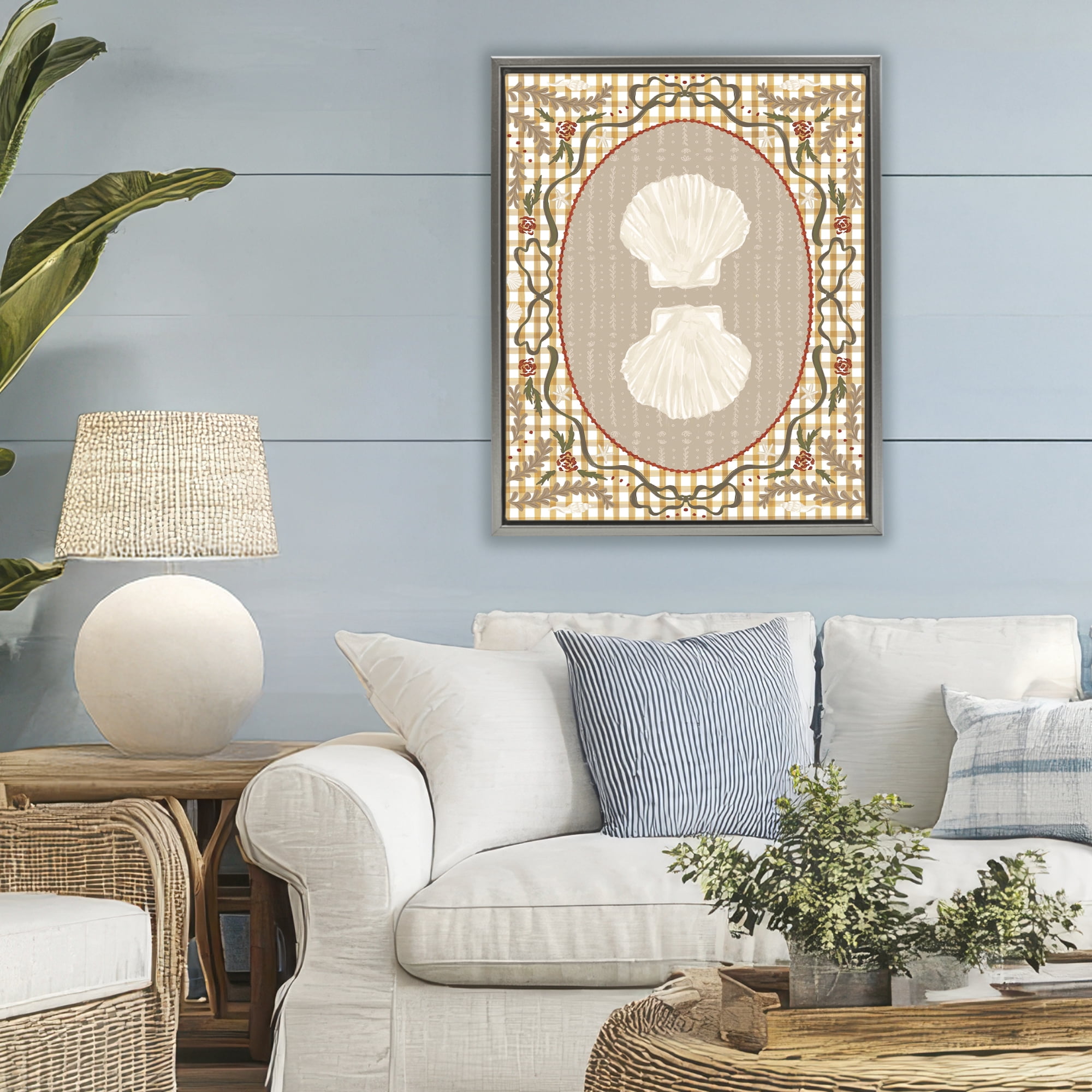 Stupell Industries Vintage Shells on Gingham Gray Framed Floater Canvas Wall Art, design by Vero Illustrates