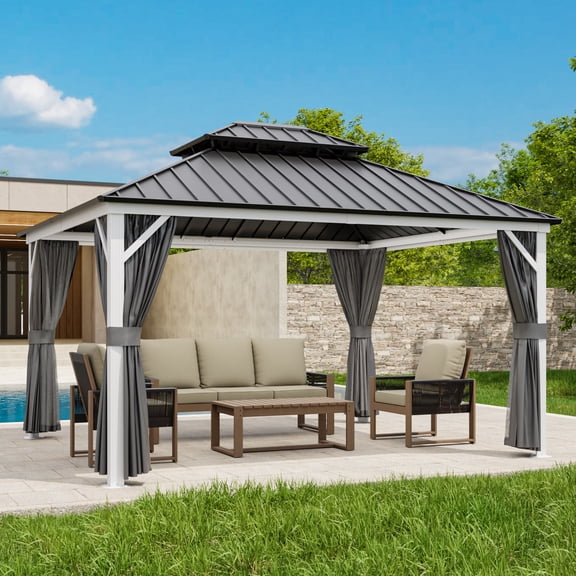 INTER HUT 12x14 FT Galvanized Steel Double Roof Gazebo with Aluminum Frame Gazebo with Curtain and Netting, White/Gray