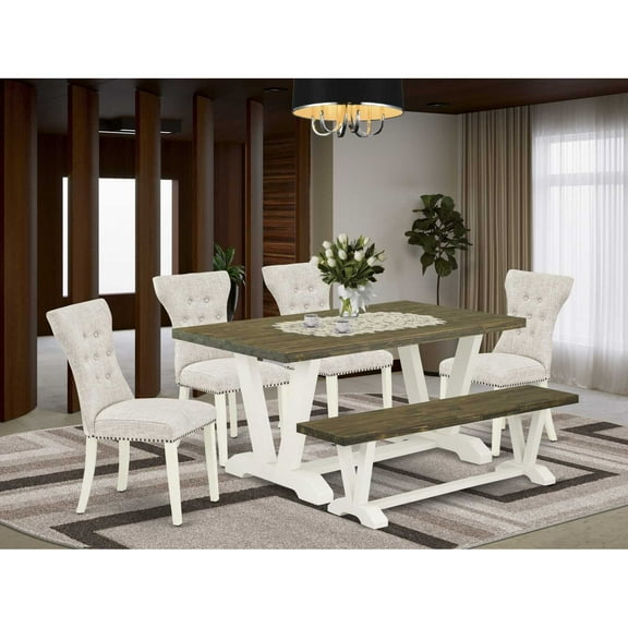 East West Furniture V-Style 6-piece Wood Dining Set in Linen White/Doeskin