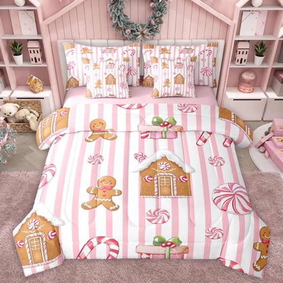 Homewish Kids Teens Christmas Gingerbread Man Twin Bedding Sets 7-Piece,Pink Geometric Stripes Bedding Comforter Set Microfiber,Xmas Candy Cane Breathable Sheet Sets,Ultra Soft Home Decor,Reversible